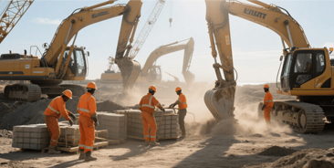 Smart Construction Site - Workers with hard hats and safety equipment